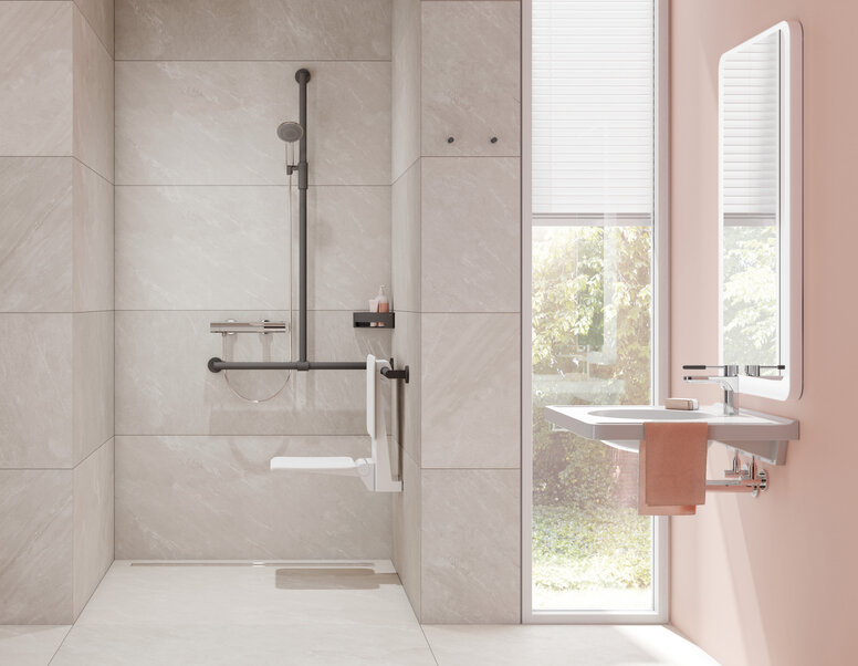Coulisseau de douche magnétique HEWI Espace douche équipé d'un support de douche magnétique réglable en continu