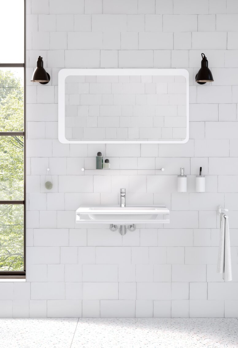 HEWI-systeem 162 Moderne wastafelsituatie met wit matte sanitaire accessoires zoals zeepdispenser, handdoekhouder en planchet