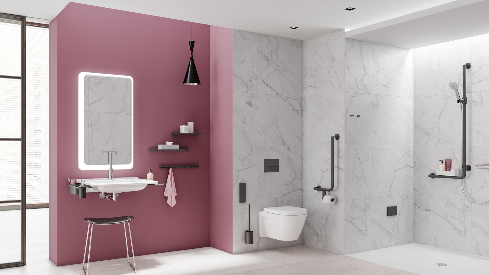 Salle de bain sans obstacle HEWI Système 900 Noir mat Salle de bains accessible aux personnes handicapées avec lavabo, espace douche et WC équipés d'accessoires en noir mat